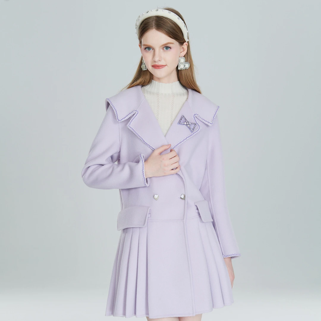 AIVEI甜美学院风双排扣褶皱呢料大衣P0660174