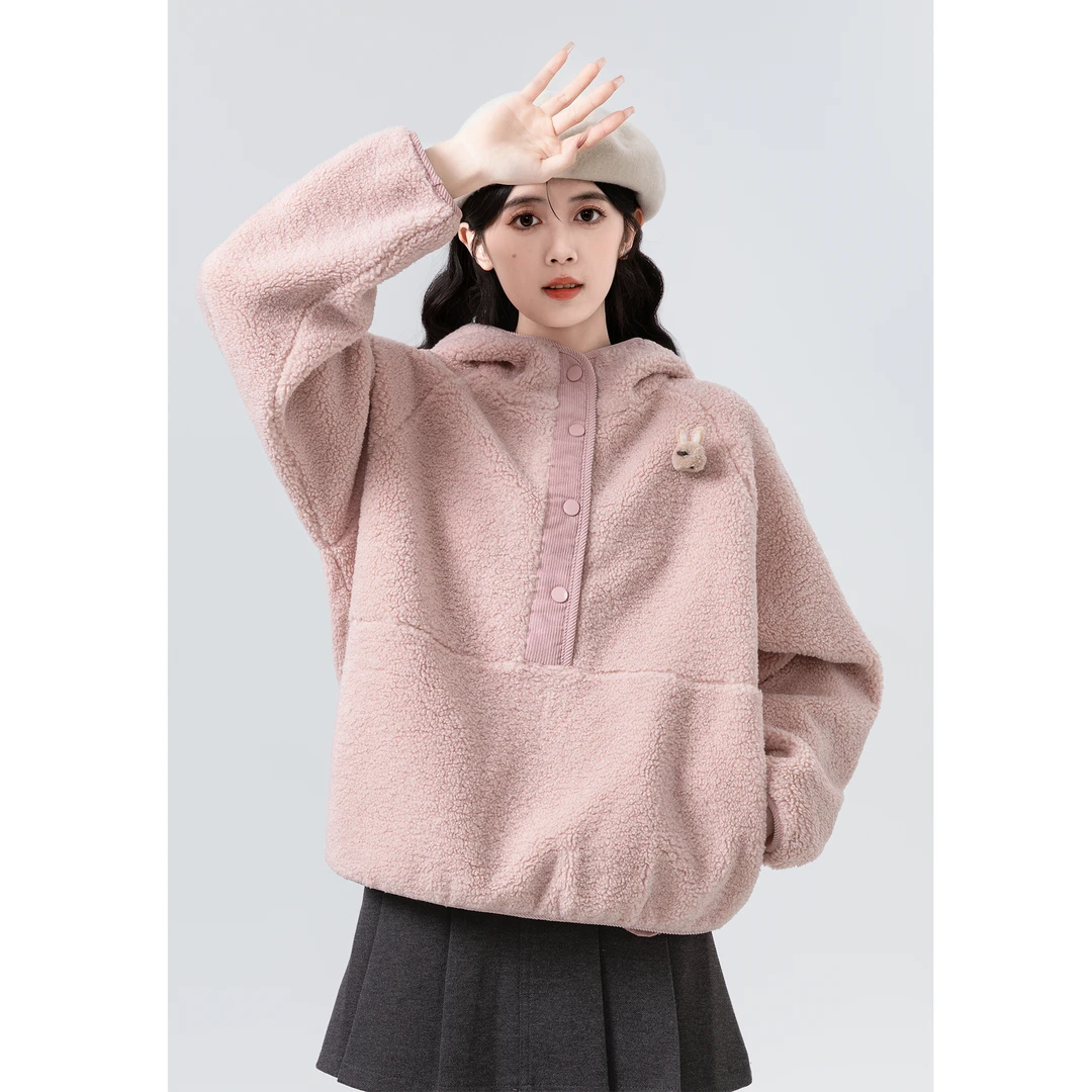 粉色加绒连帽卫衣女2025秋冬季新款宽松加厚羊羔绒带帽套头上衣
