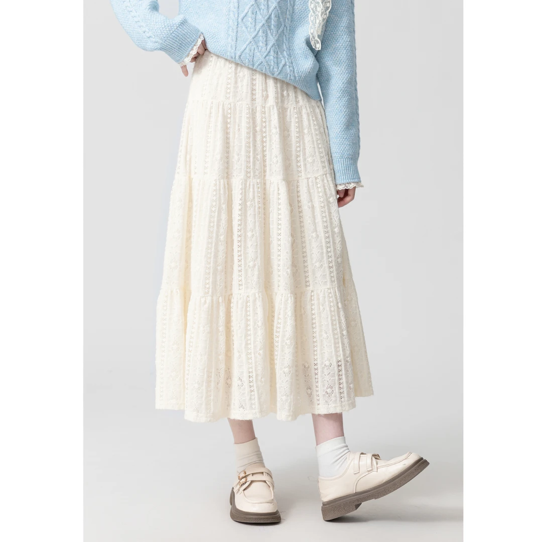 杏色加绒加厚A字半身裙女2025秋冬新款高腰显瘦中长款蕾丝蛋糕裙