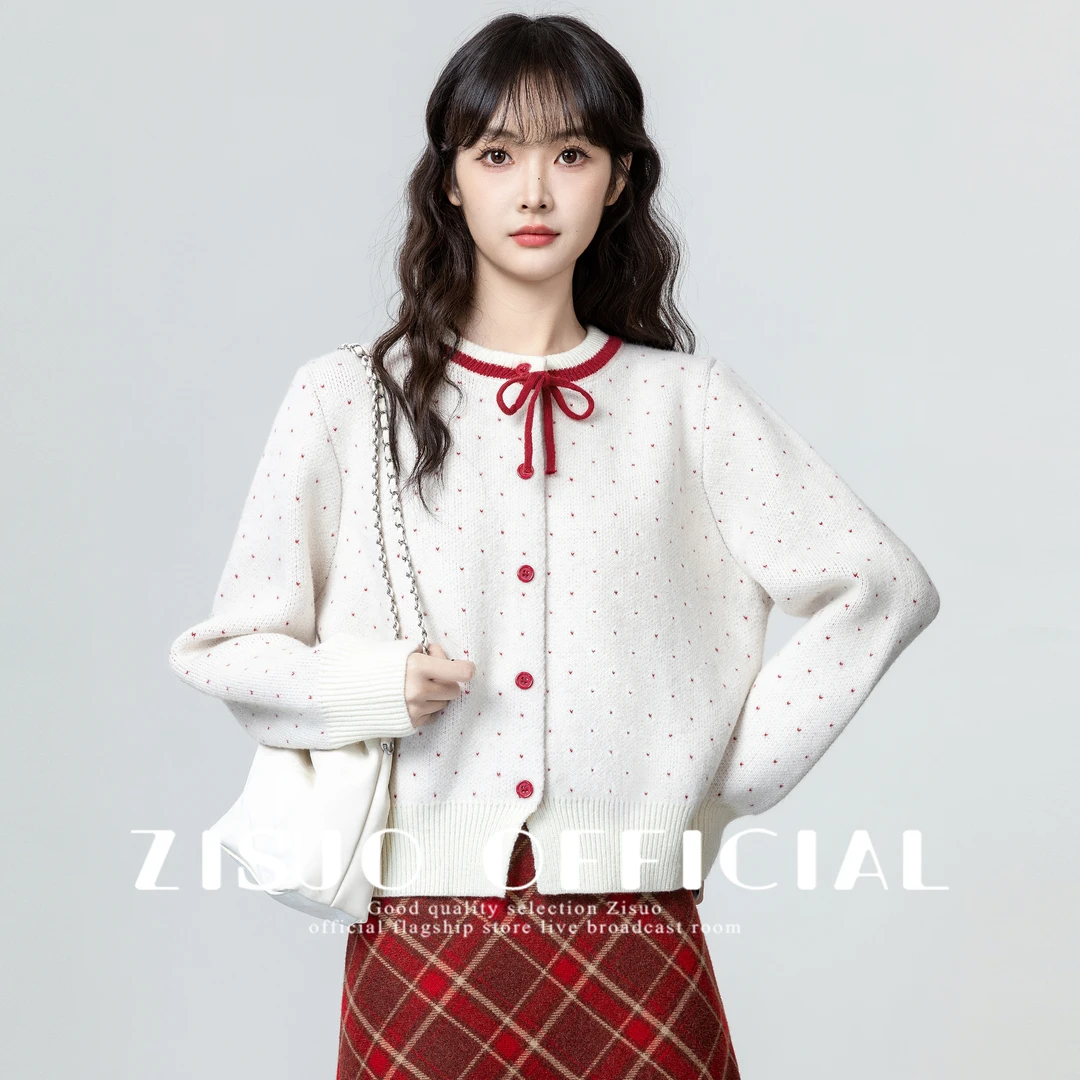 法式波点圆领毛衣外套女2024秋冬新款蝴蝶结系带针织开衫短款上衣