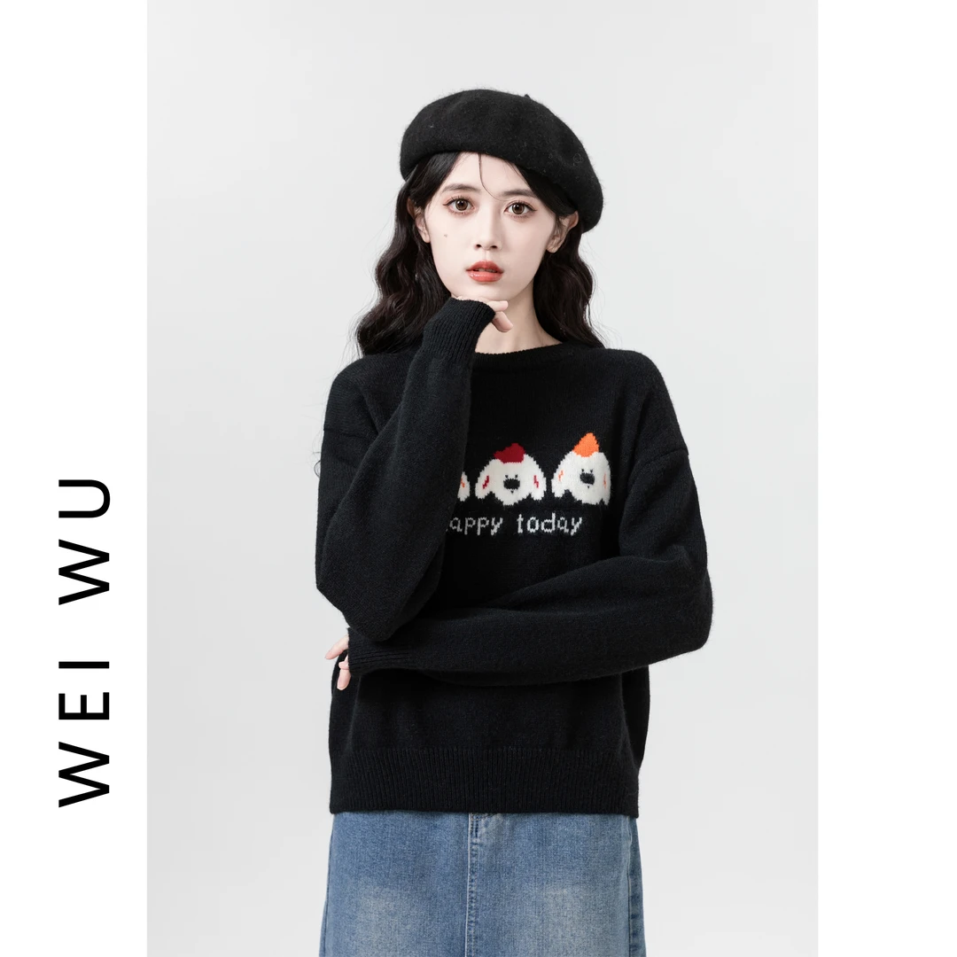 黑色圆领毛衣女春秋2024新款卡通刺绣慵懒加厚针织衫内搭打底上衣