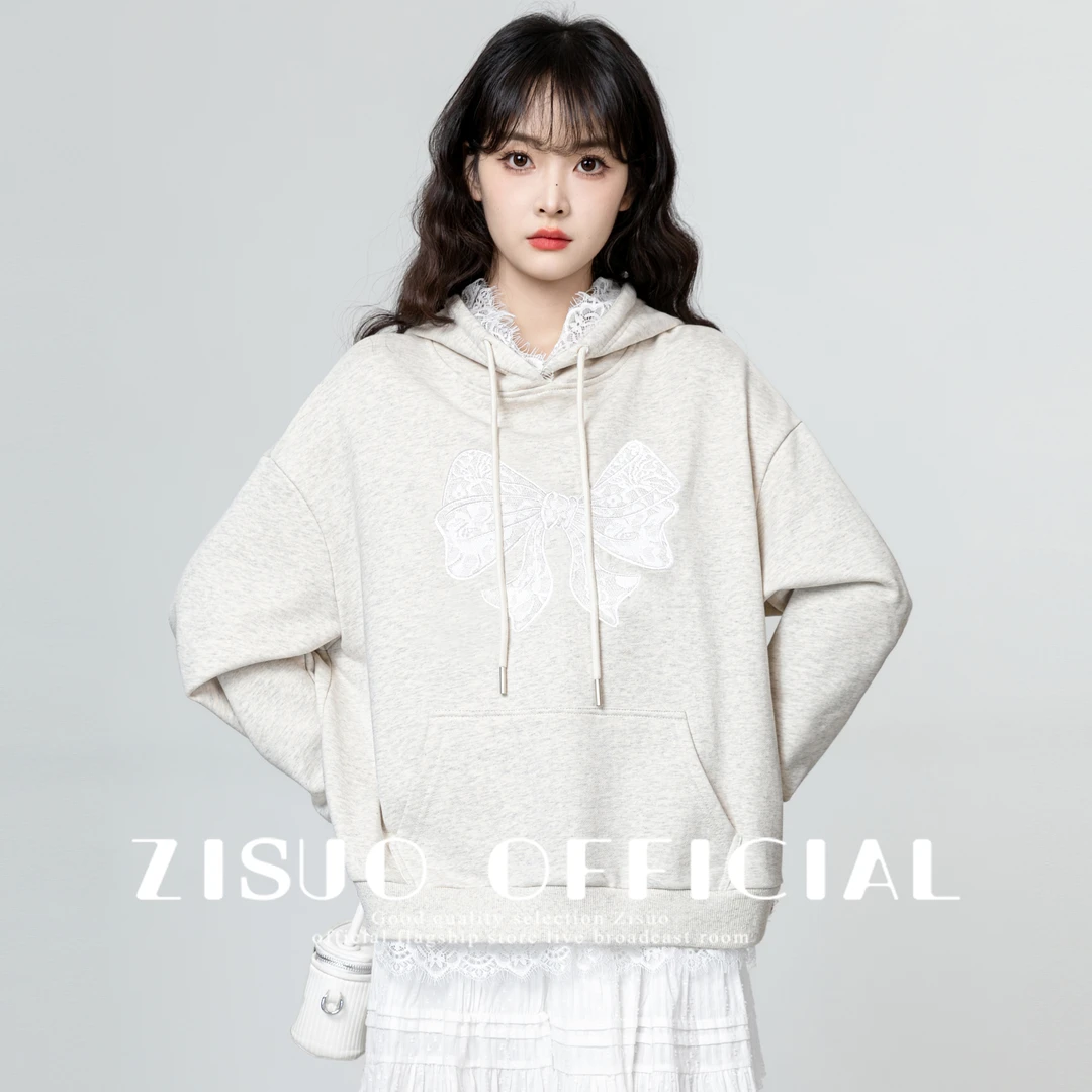 灰色蕾丝边连帽卫衣女2025春秋新款设计感宽松蝴蝶结套头带帽上衣