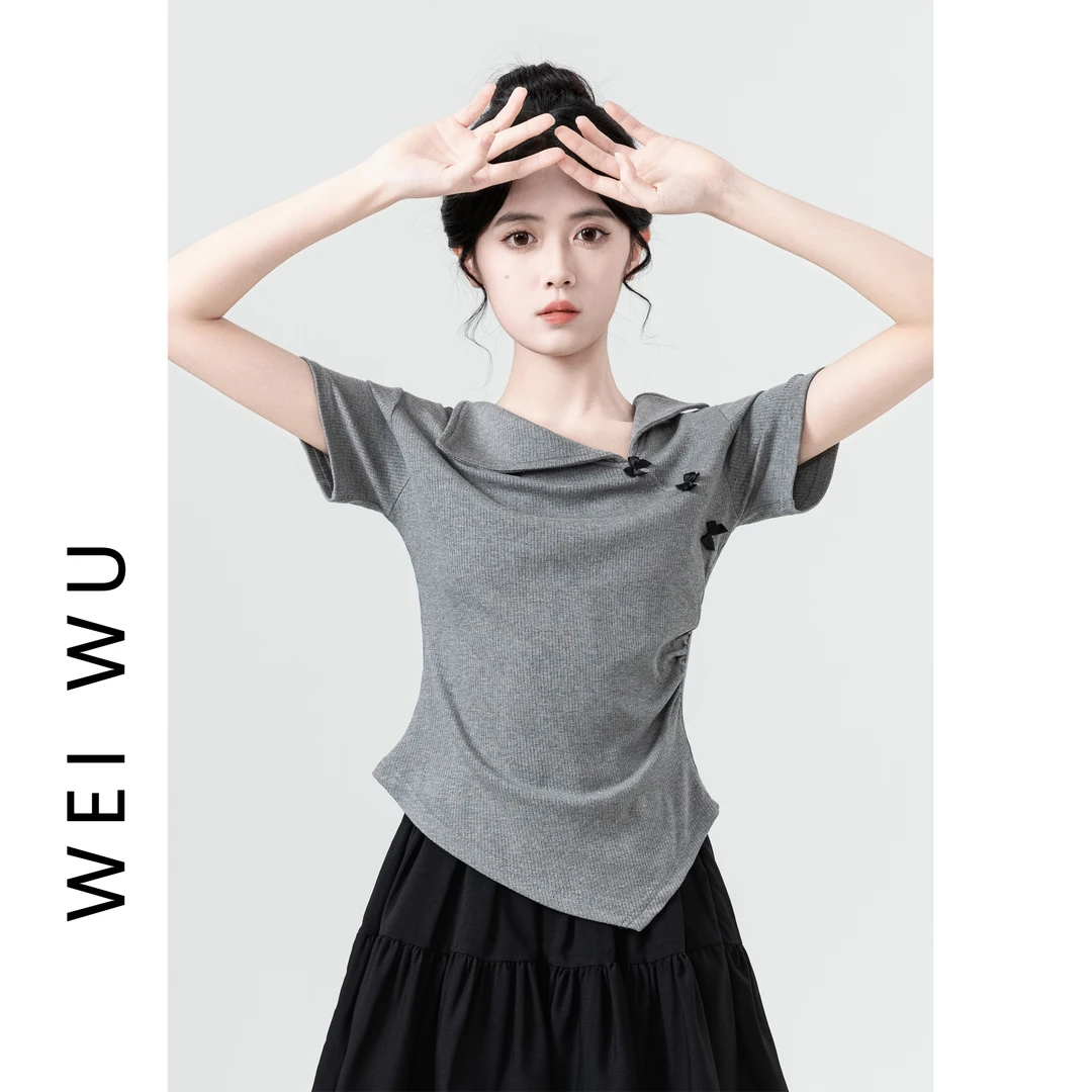 不规则短袖T恤女夏2024新款设计感翻领蝴蝶结正肩体恤chic短上衣