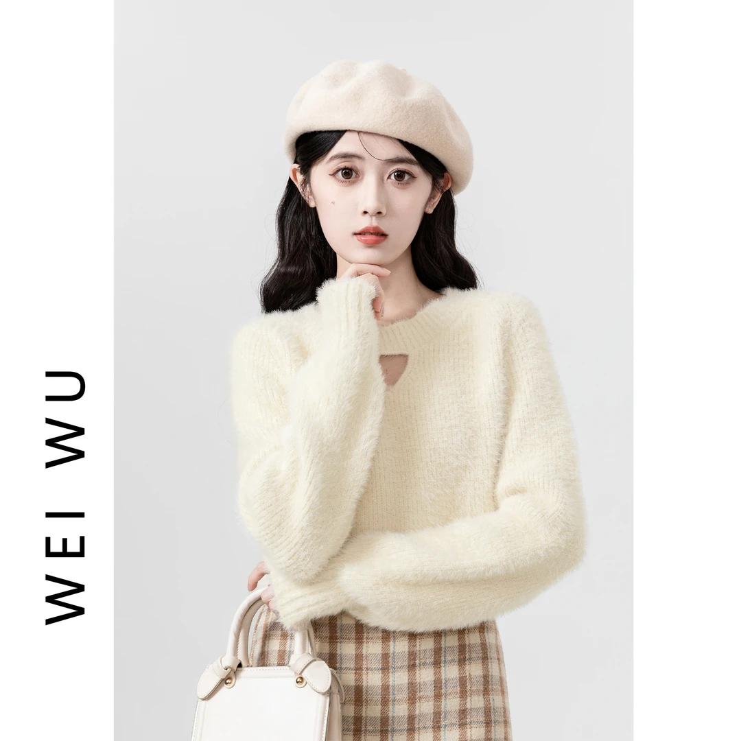 马海毛挂脖毛衣女秋冬2025新款温柔风软糯加厚水貂绒针织衫短上衣