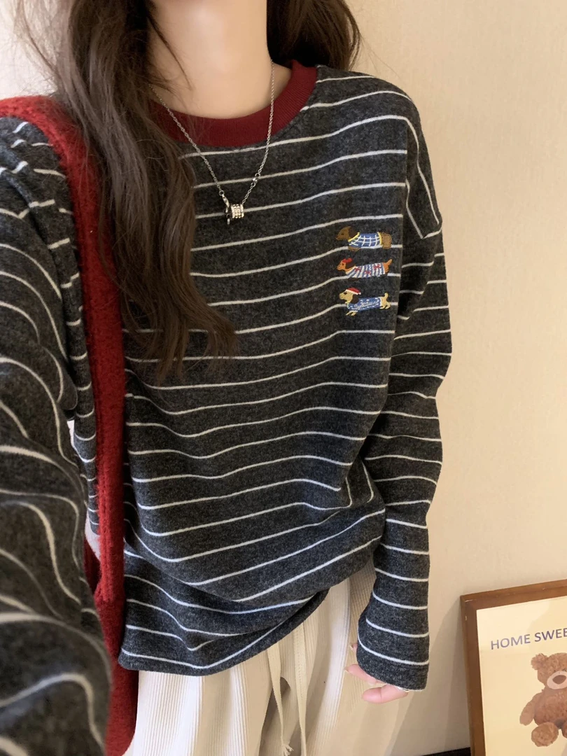 冬季新款条纹狗狗圆领休闲百搭卫衣长袖上衣t （很厚实）ins2025