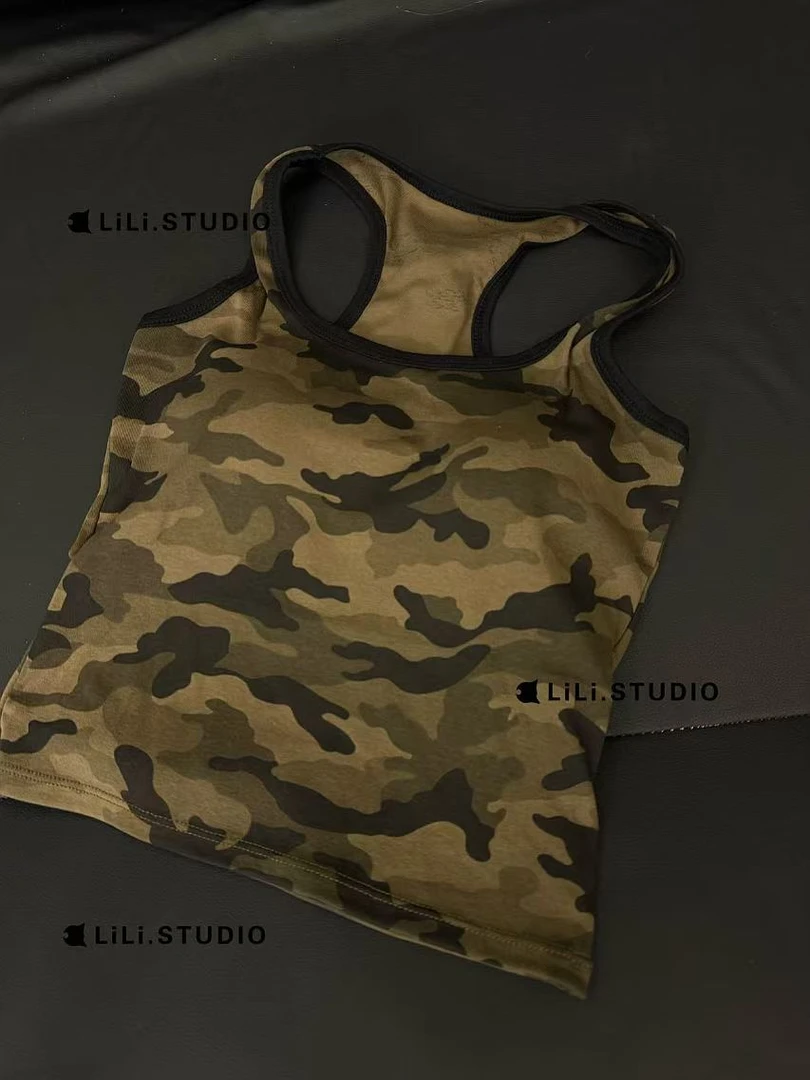 【李里家福利】迷彩工字背心打底上衣带胸垫