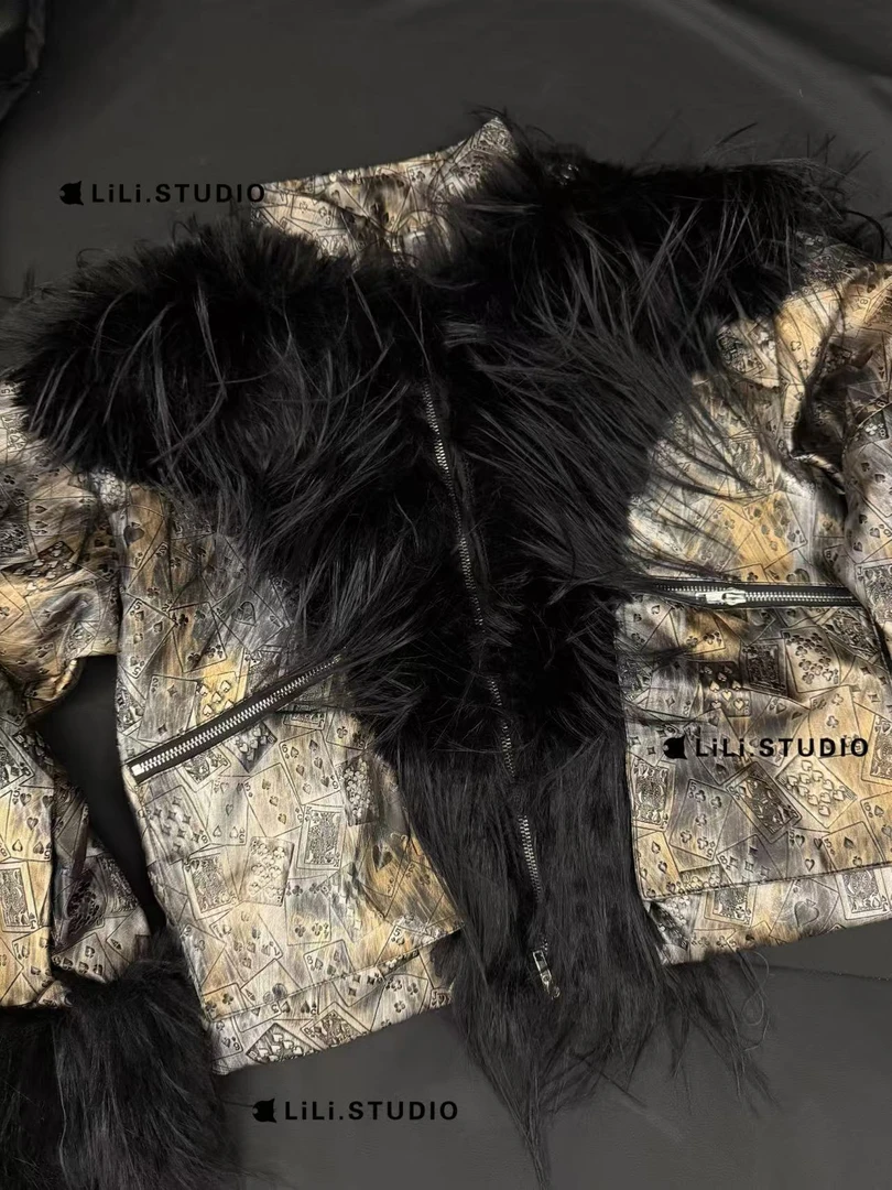【李里家上新】设计感暗黑辣妹扑克浮雕印花个性拼毛毛外套夹棉