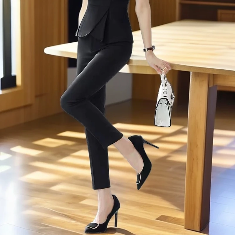 2133-(夏季春秋)九分裤小脚裤斜插袋耳仔中腰黑西装裤女工裤女士