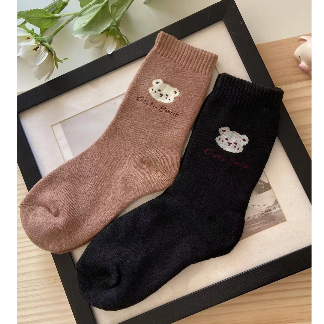 3双装加厚毛圈中高筒袜卡通网红款全棉女袜冬季百搭