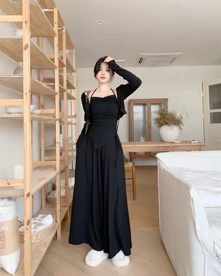 2025长袖时尚大码胖mm慵懒不规则吊带防晒开衫阔腿裤垂感显三件套