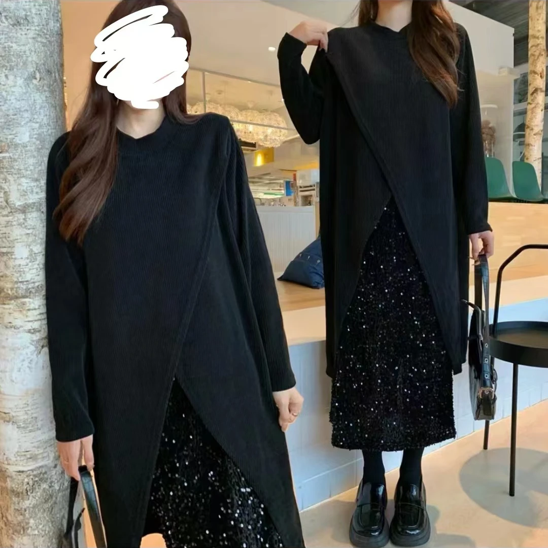 大码秋冬亮片裙开叉气质长袖不规则正肩藏肉显瘦两件套时尚