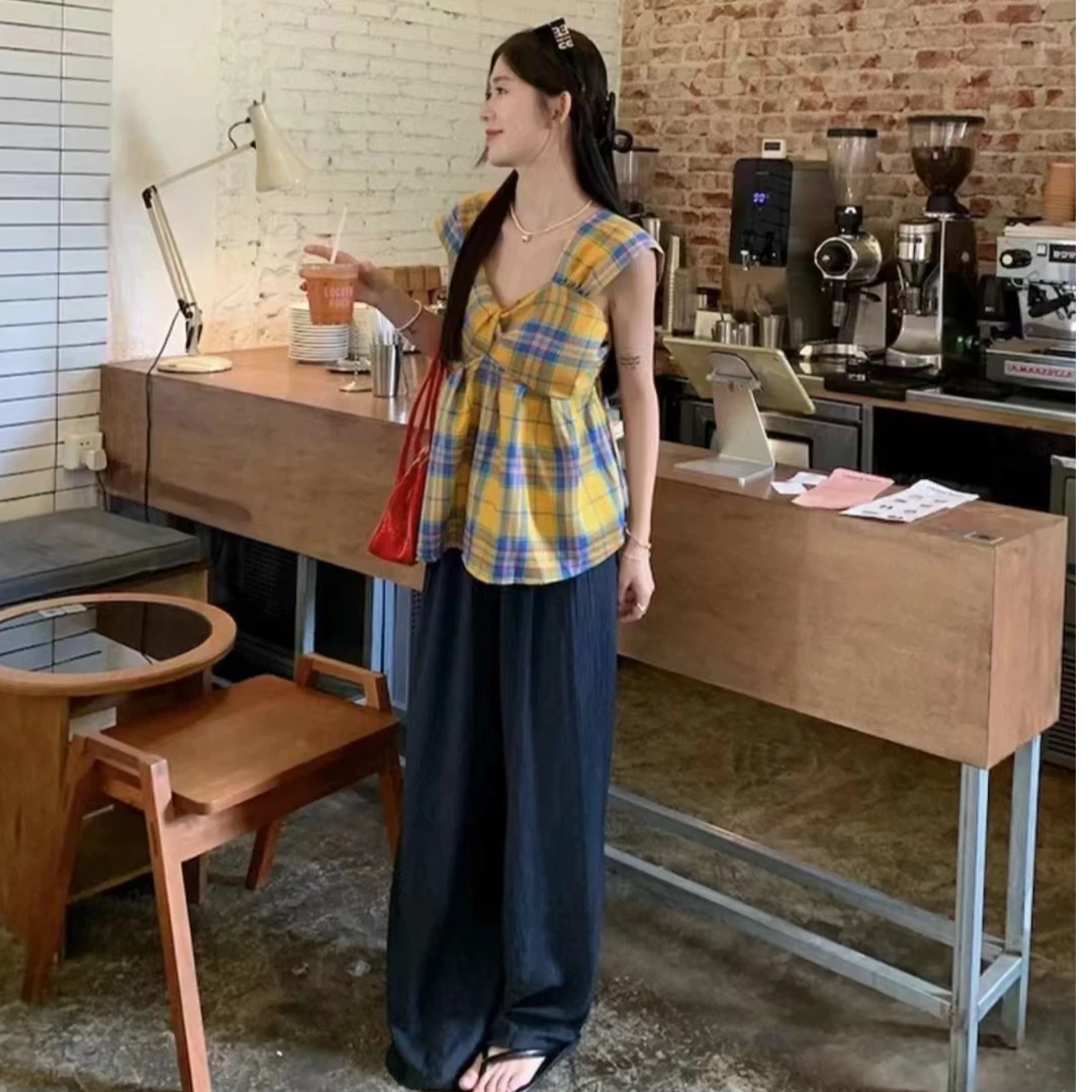 大码甜美可爱校园格子上衣阔腿裤显瘦复古小众时尚田园百搭两件套