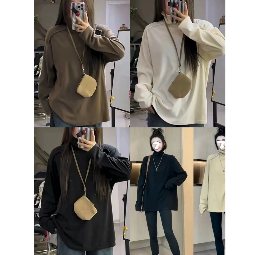 2025秋冬磨毛弹力宽松不显肉线条高领打底上衣百搭长袖打底衫胖mm