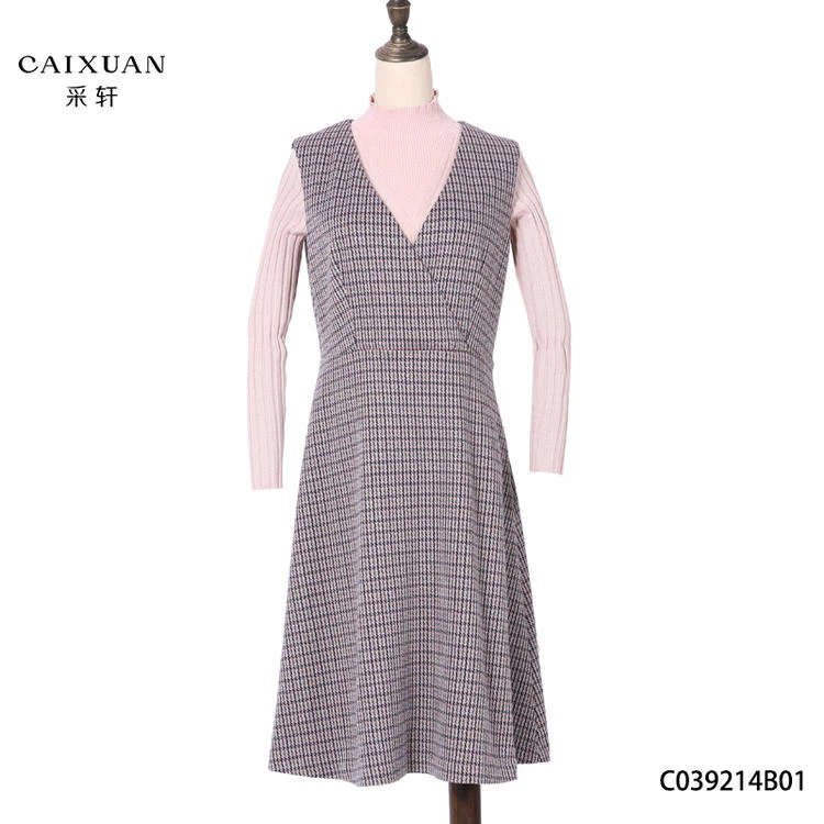 C039214B01CAIXUAN采轩【冬款】时尚格纹收腰连衣裙 小香风交叉V领