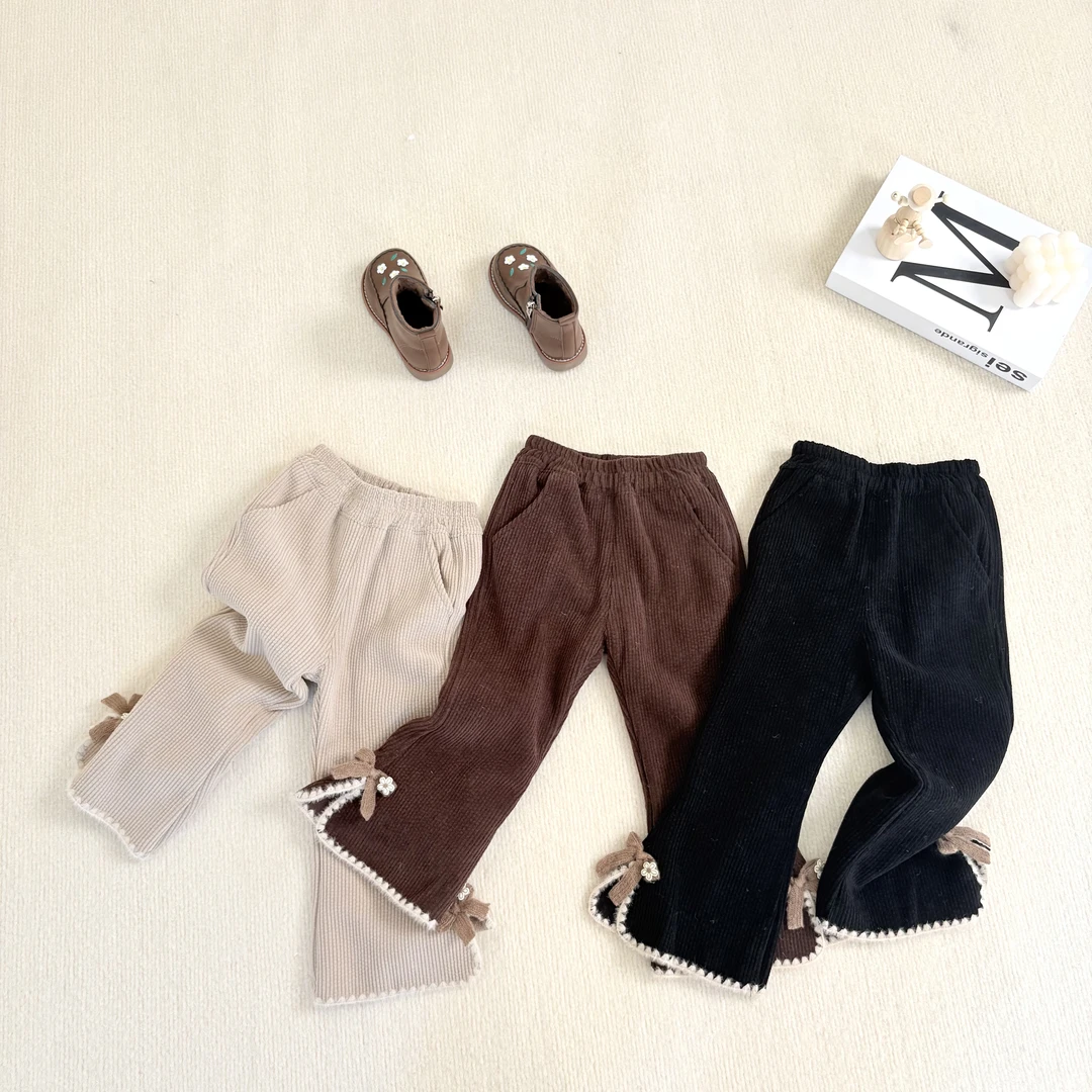 【NO退NO换】女童裤子冬季儿童一体绒百搭灯芯绒休闲裤蝴蝶结喇叭裤