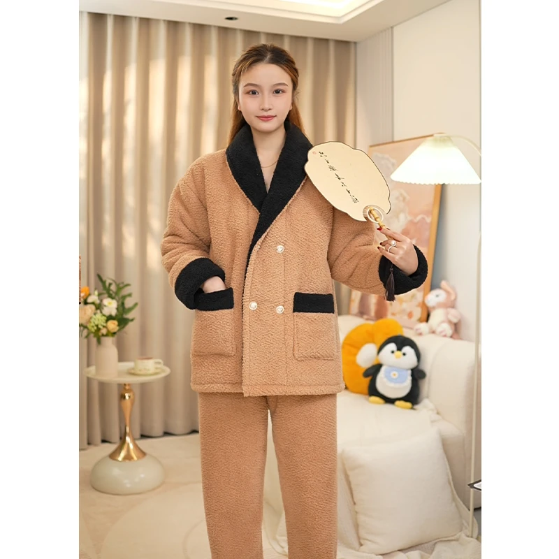 【加绒加厚】女士加绒加厚1500克轻奢保暖长袖可外穿家居服睡衣套装