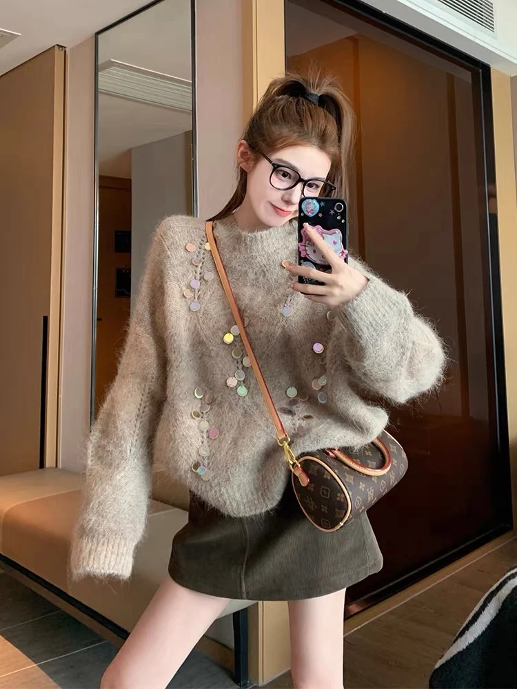 重磅低调又不失奢华设计美拉德毛衣女秋冬季加厚针织衫半身裙套装