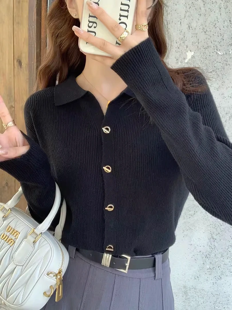 法式小香风翻领打底针织开衫女秋冬设计感Polo领修身上衣4001