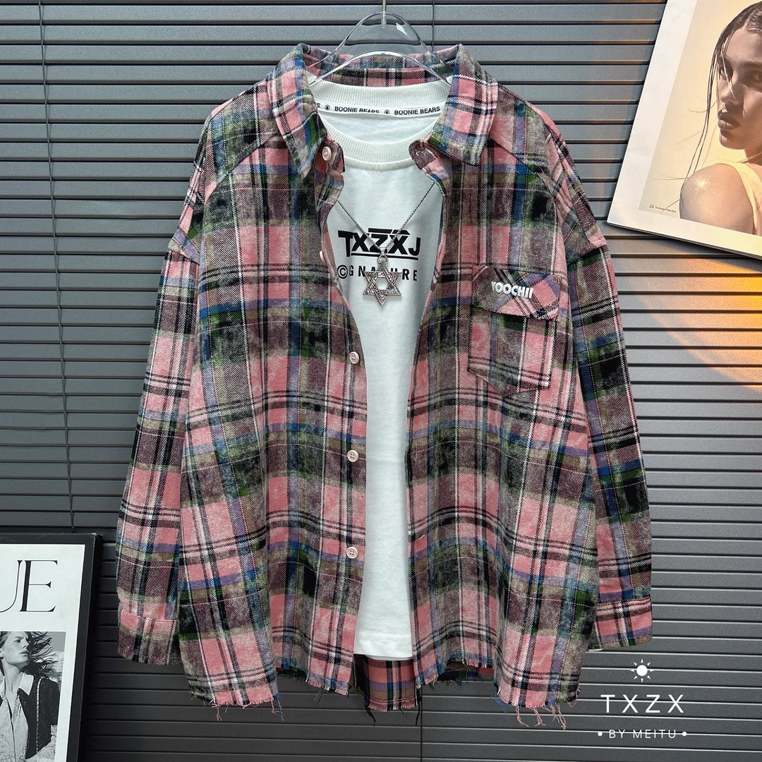 TX-24XY105春秋季新款中大童美式复古扎染水洗格子衬衫外套牛仔裤