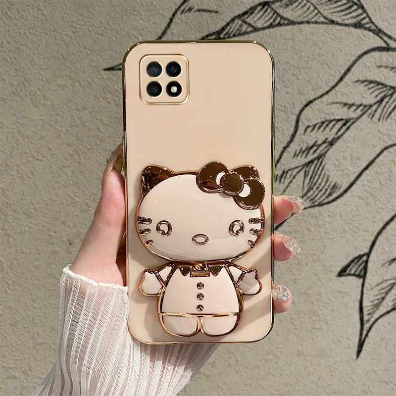 适用OPPO A72手机壳高级感颜值软壳全包防摔KT猫镜子带支架保护套