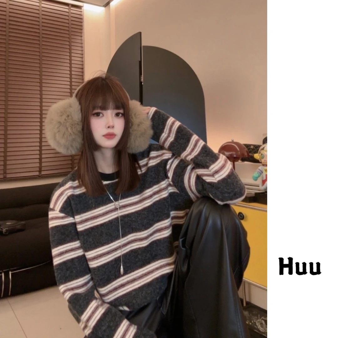 Huu条纹撞色 软糯长T恤17023