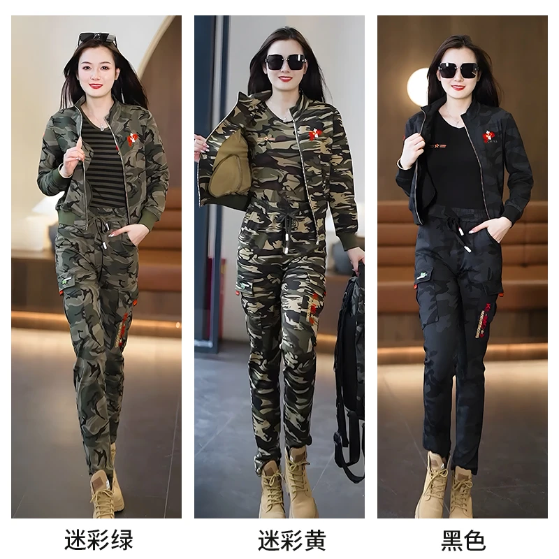 扩旅春秋军绿色迷彩运动服套装女宽松跳舞休闲春季卫衣三件套女11
