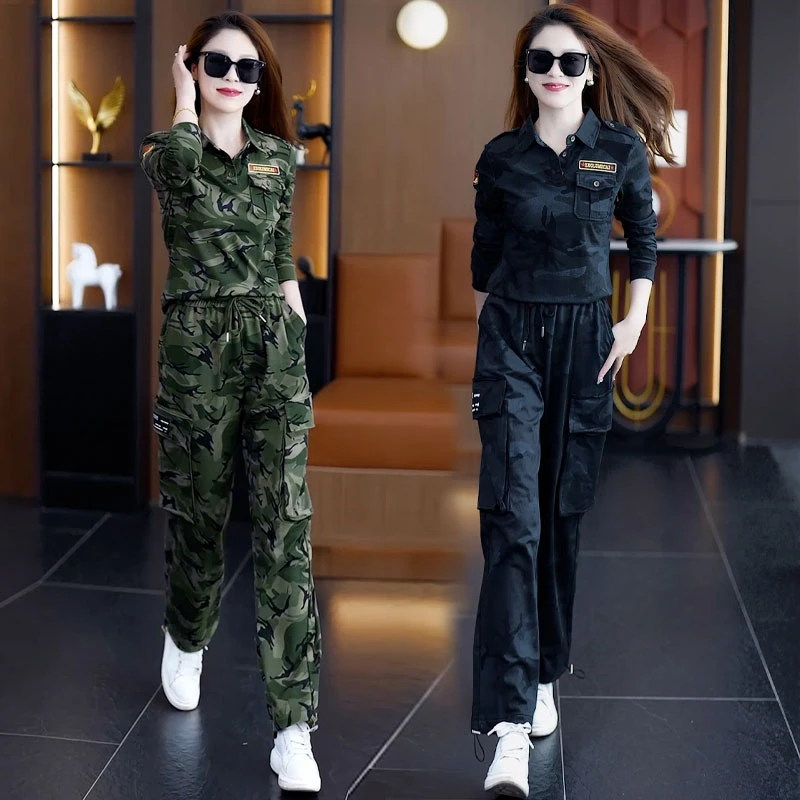 新款秋季长袖长裤迷彩服套装女休闲工装水兵舞服装大码女2038+32