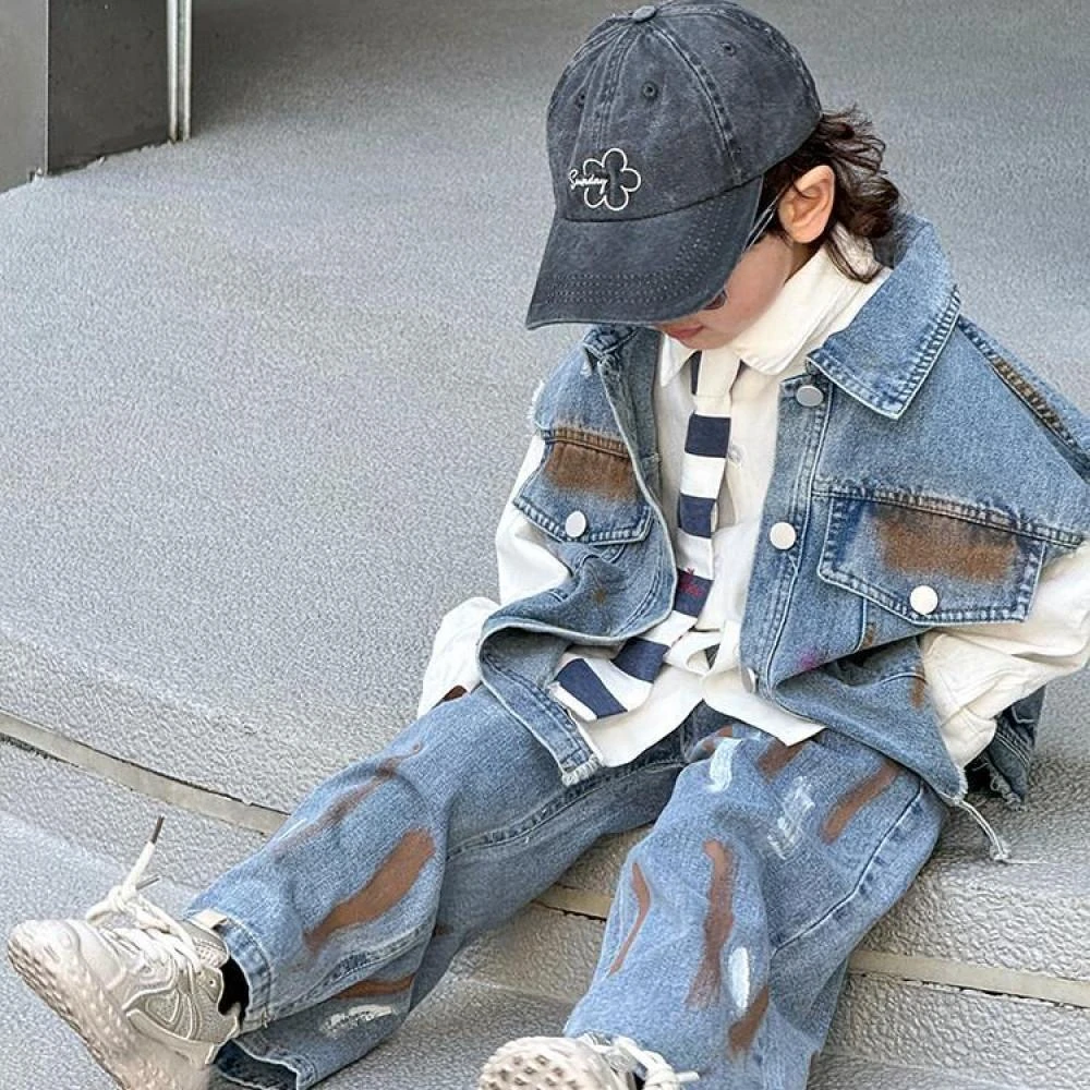 儿童春秋款2024潮酷牛仔马甲男孩帅气百搭街舞夹克上衣三件套装