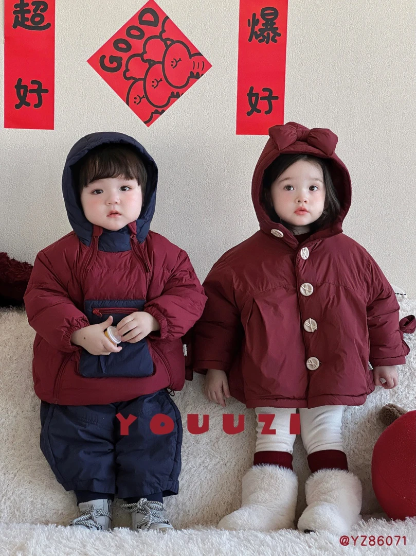 丸右羽绒 儿童秋冬加厚连帽外套女童红色保暖洋气冬装