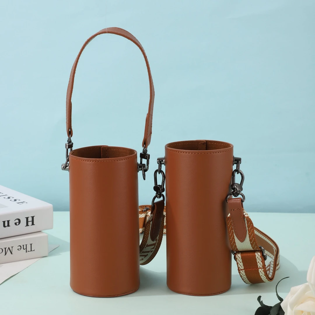 高档皮质杯套保温杯钛杯保护套带手提绳斜跨背带PU皮革可印LOGO