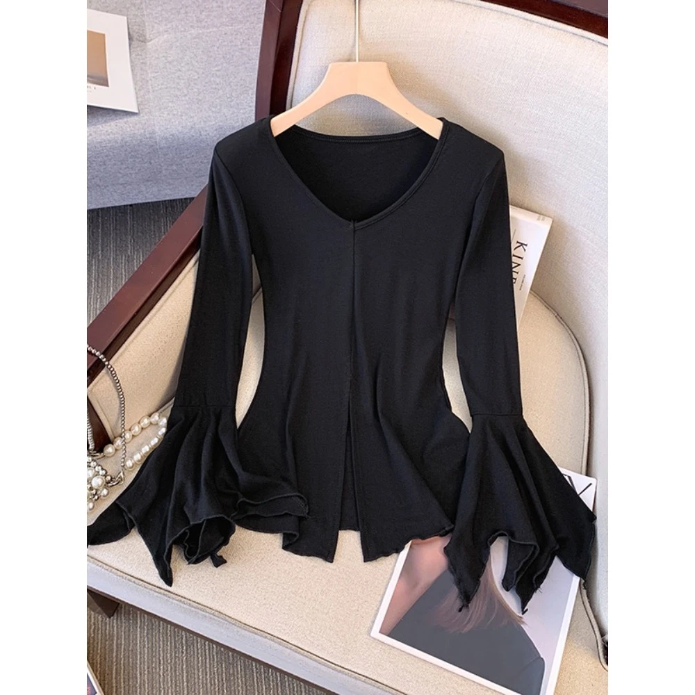 美式辣妹黑色V领长袖T恤女装早秋新款修身收腰开衫上衣喇叭袖小衫