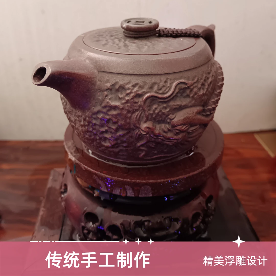 宜兴原矿龙血砂柴烧纯手工350cc隐龙钱鼓大精品陶瓷筋纹紫砂壶