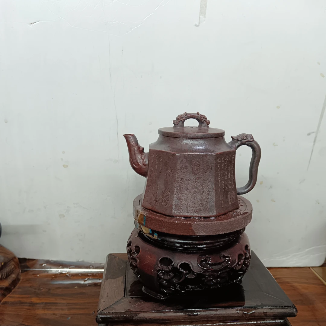 宜兴原矿铁血砂柴烧手工250cc八方龙尊精品紫砂壶