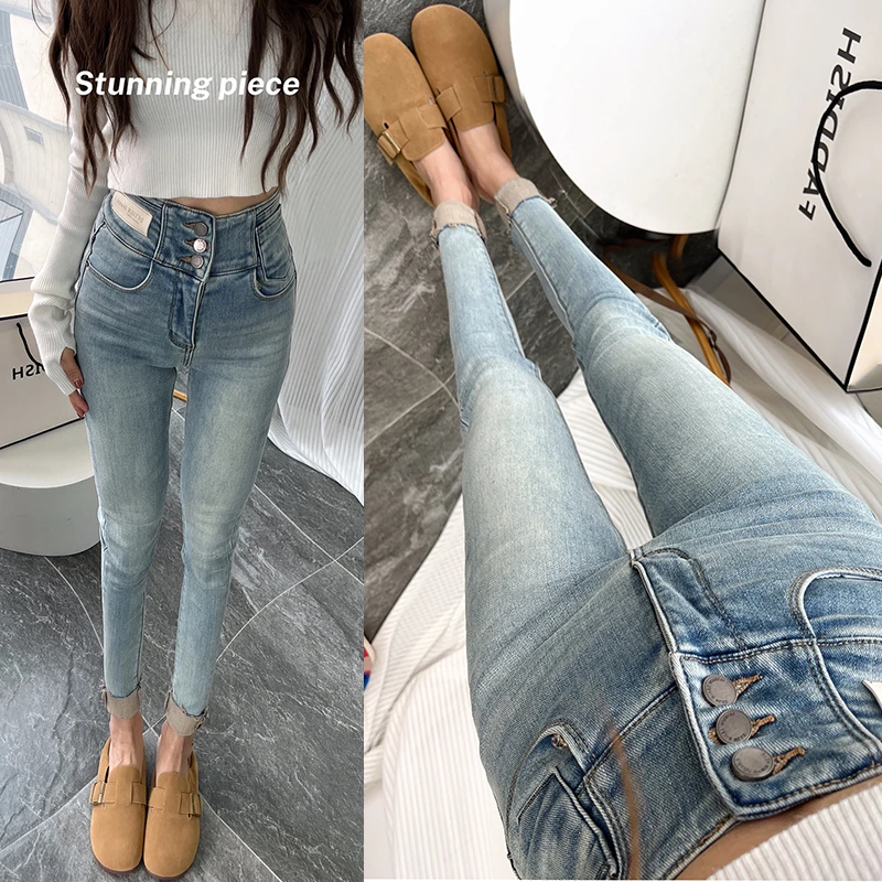 超美！高腰排扣加绒牛仔裤女韩国显身材时尚紧身小脚裤靴裤棉裤潮