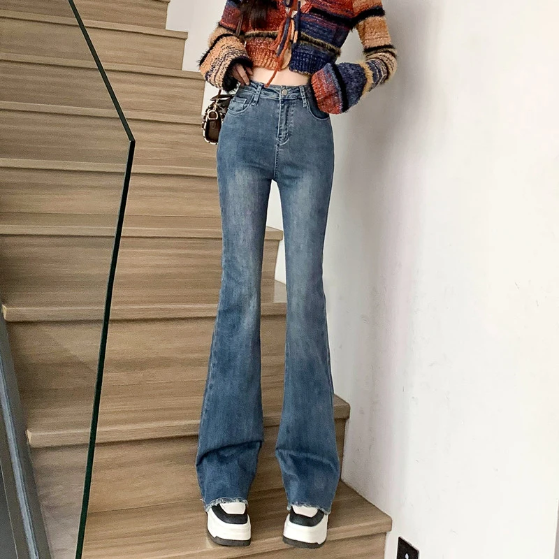 复古微喇牛仔裤女2024秋季新款高腰小个子修身显瘦马蹄喇叭裤子