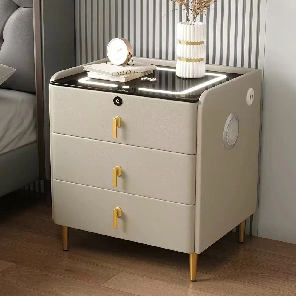 三抽智能床头柜多功能床边柜轻奢简约皮质家用无线充电带灯带锁