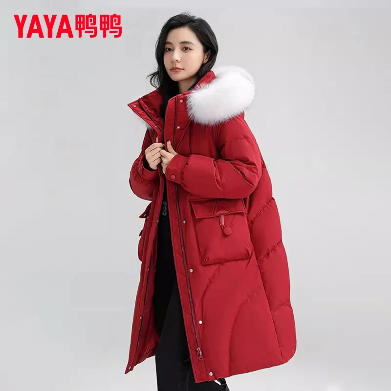 YAYA/鸭鸭羽绒服女长款过膝狐狸毛领韩版宽松通勤保暖YE4B604911A
