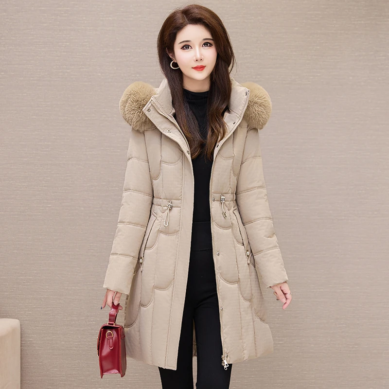 中长款加厚棉服女2025冬季新款修身显瘦棉衣可拆卸大毛领保暖棉袄