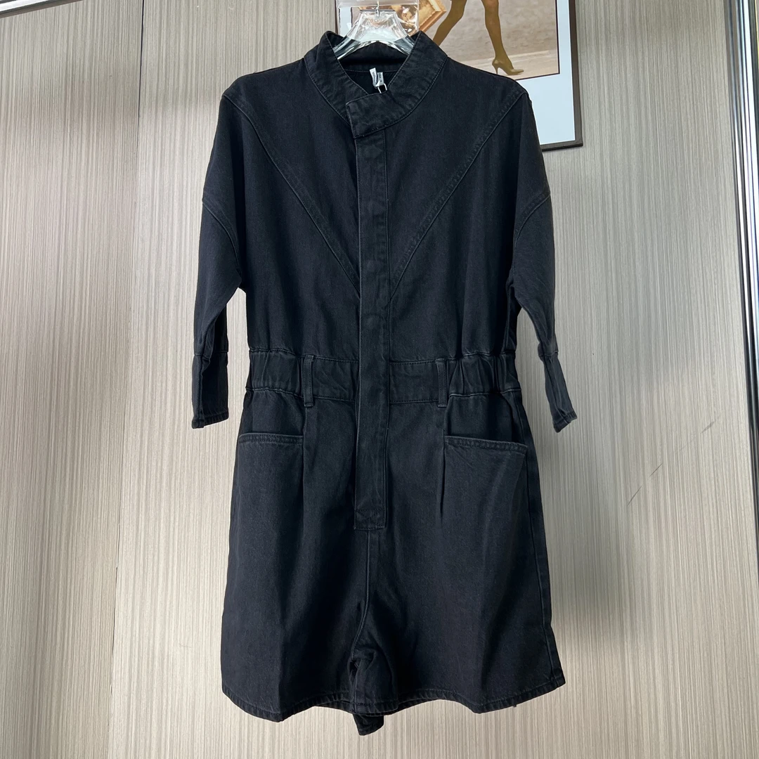 006品牌撤柜女装曼家时尚设计款牛仔连体裤黑色