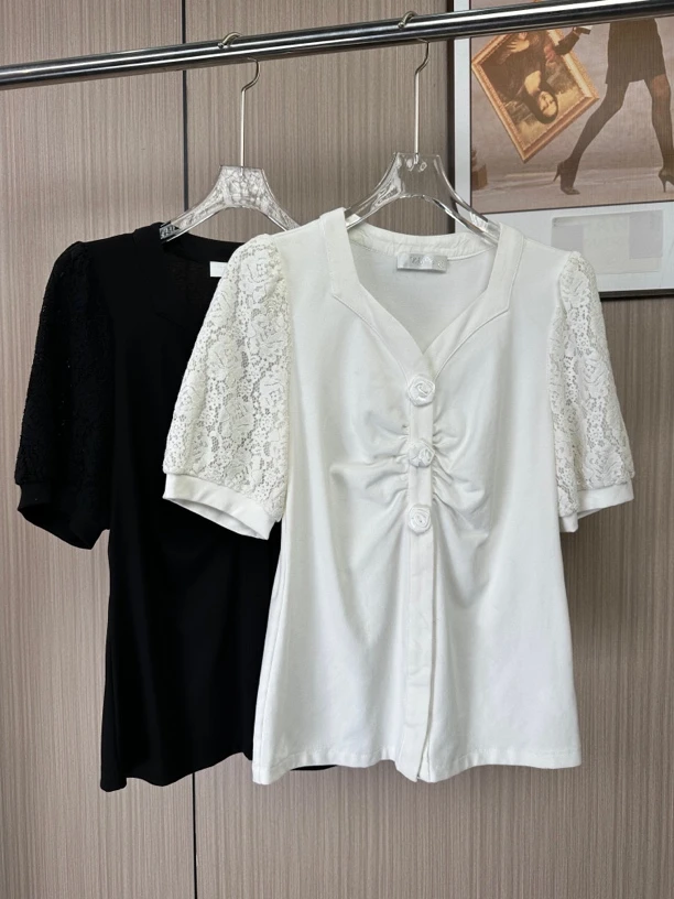 7050品牌撤柜女装kk夏季蕾丝方领上衣