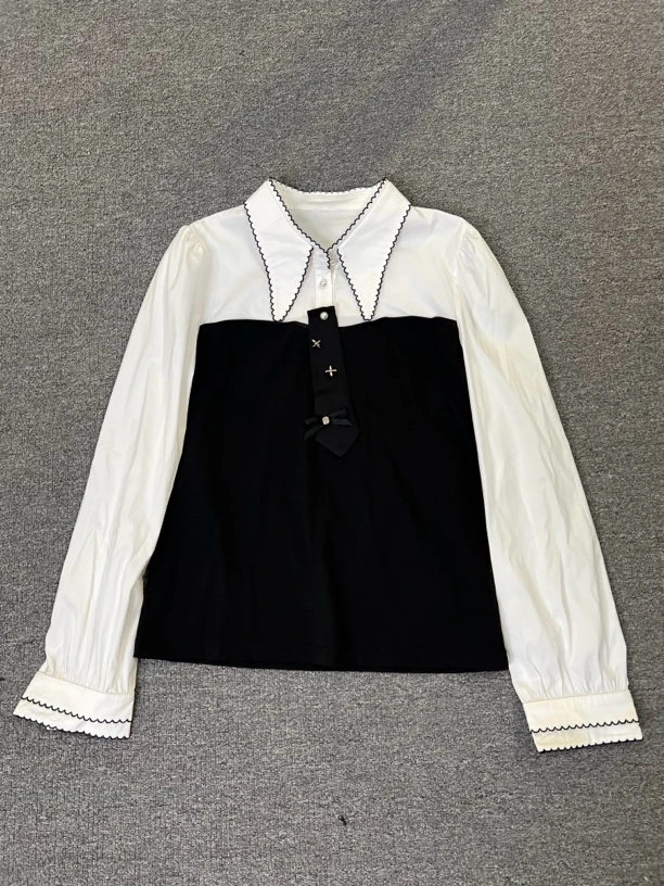 3735品牌撤柜剪标秋装新款拼接衬衫修身白色衬衣