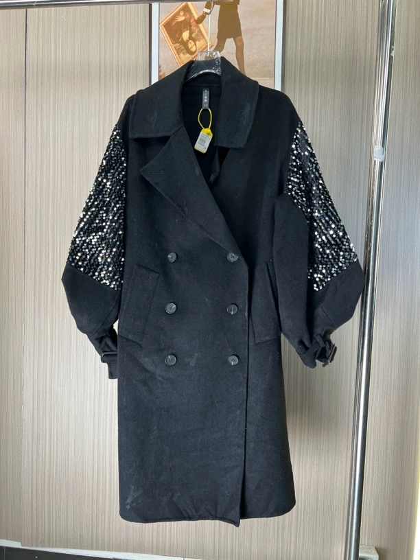 6071品牌撤柜女装时尚亮片设计款中长款毛呢外套