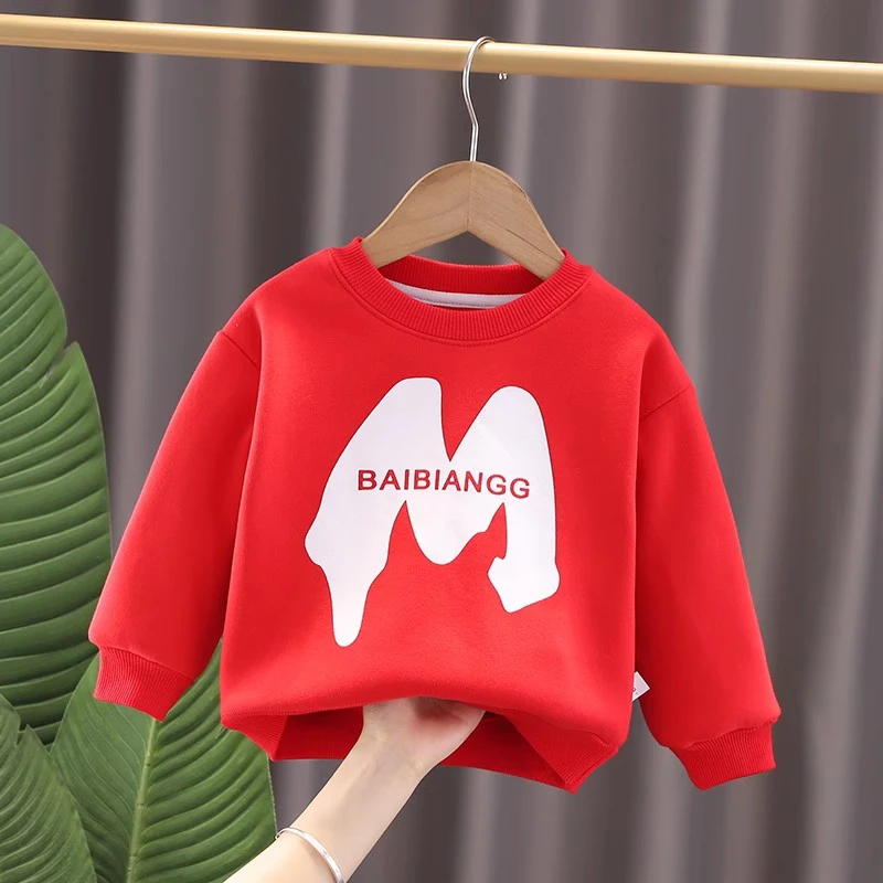 宝宝冬季加绒卫衣男童女童洋气红色年服小童一体绒打底衫保暖上衣