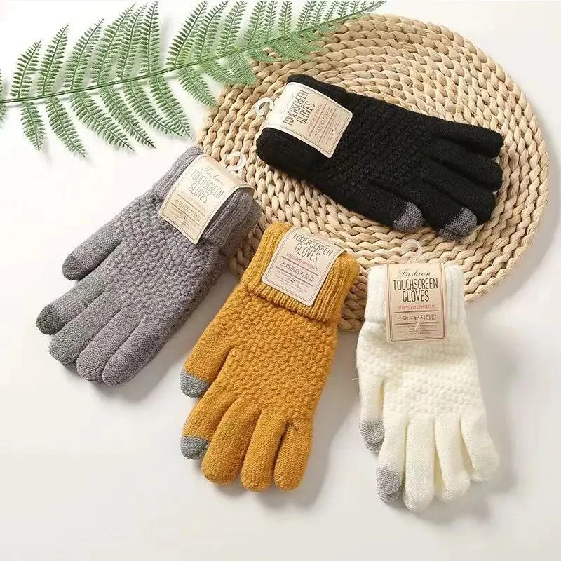 手套女情侣秋冬季加绒加菠萝纹防寒触屏骑行保暖毛线学生针织手套