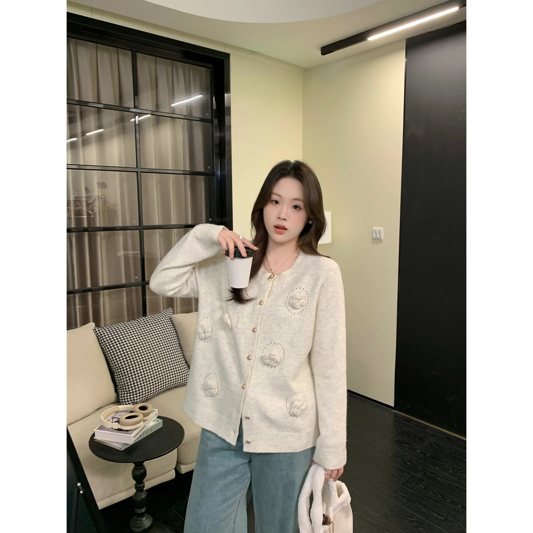 现货5581D大婉酱千千微胖定制【雪花酥】韩系温柔法式针织毛衣开衫