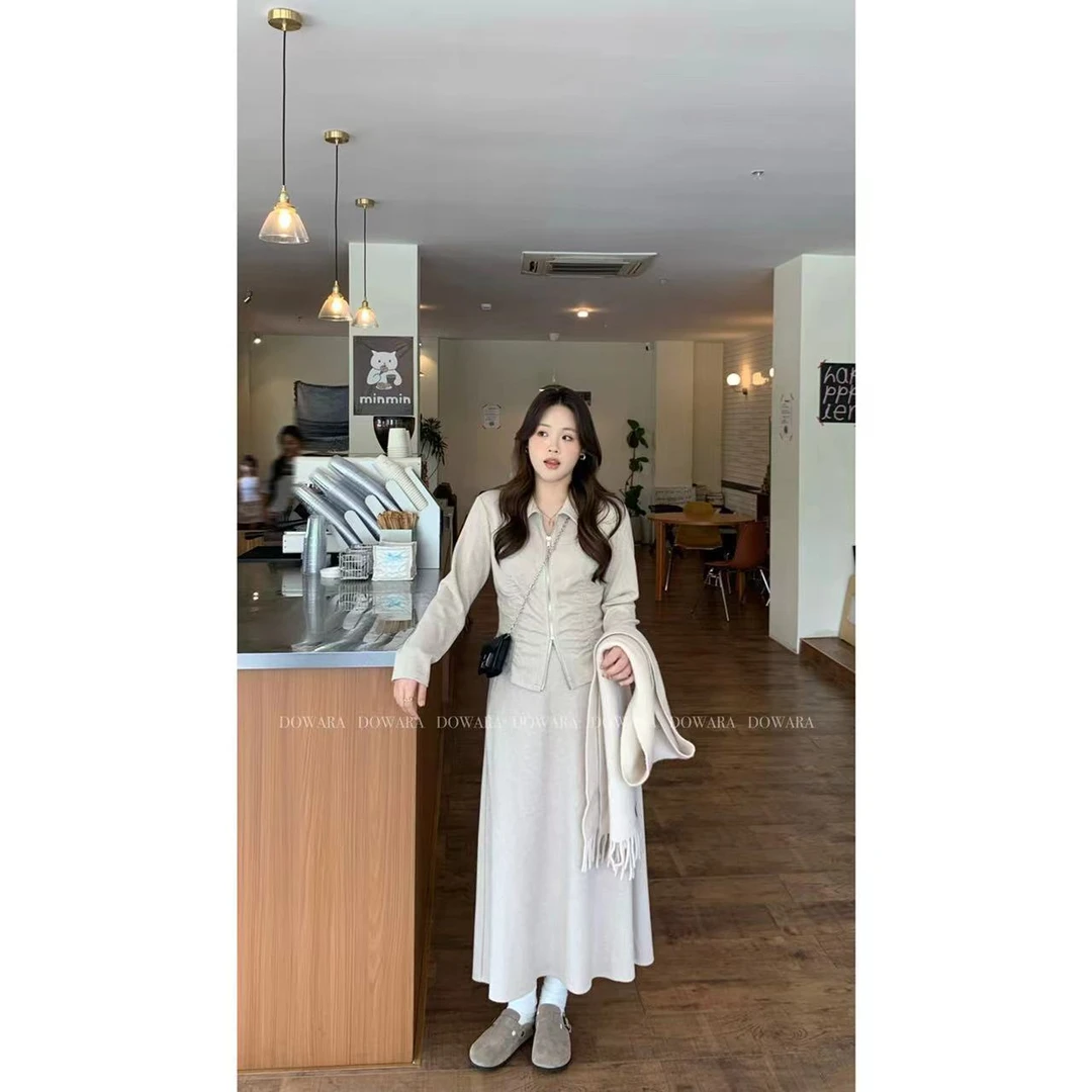 现货折扣7110D大婉酱千千微胖定制 针织开衫半裙套装显瘦两件套