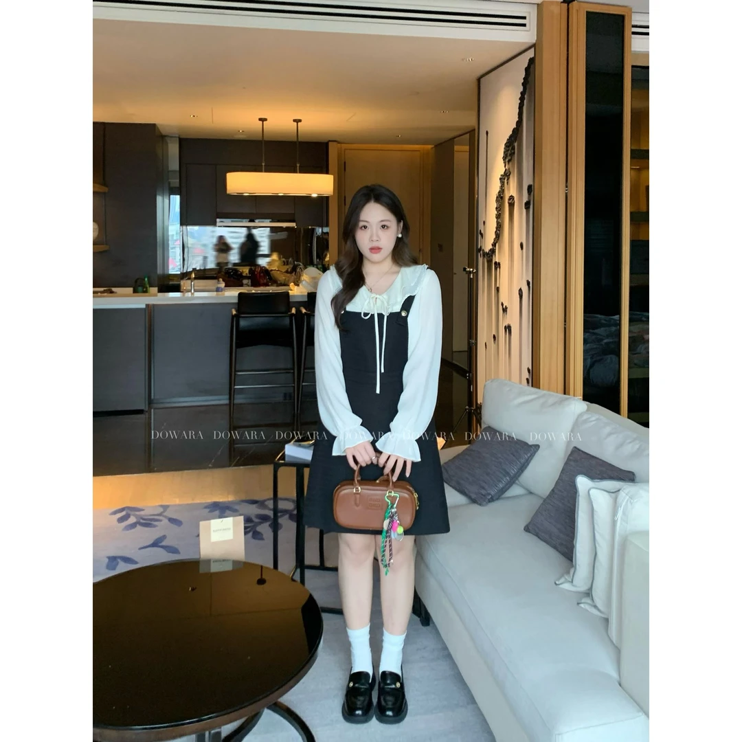 现货折扣6288D大婉酱千千微胖定制 韩系衬衫+背带裙两件套女5273D