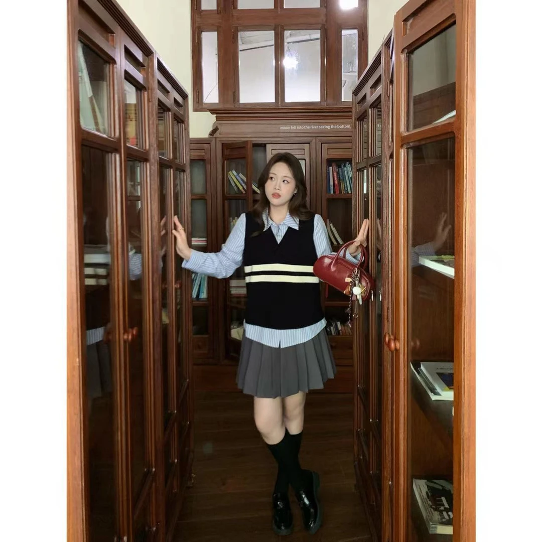 大婉酱千千微胖定制【波尔德】假两件撞色学院风针织衬衫 7130D