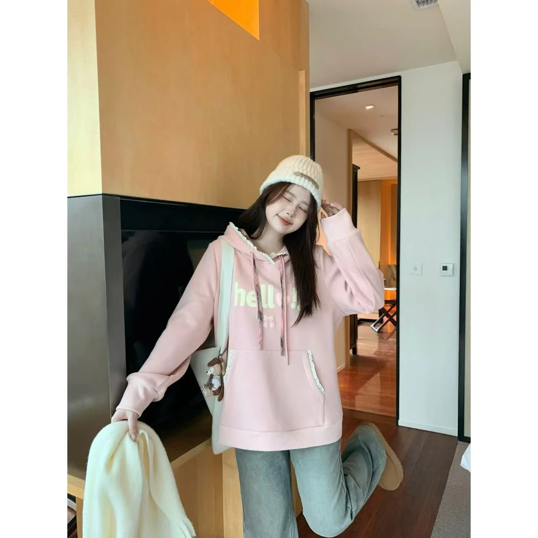 现货折扣7627D大婉酱千千微胖定制韩系加绒卫衣冬厚款连帽上衣