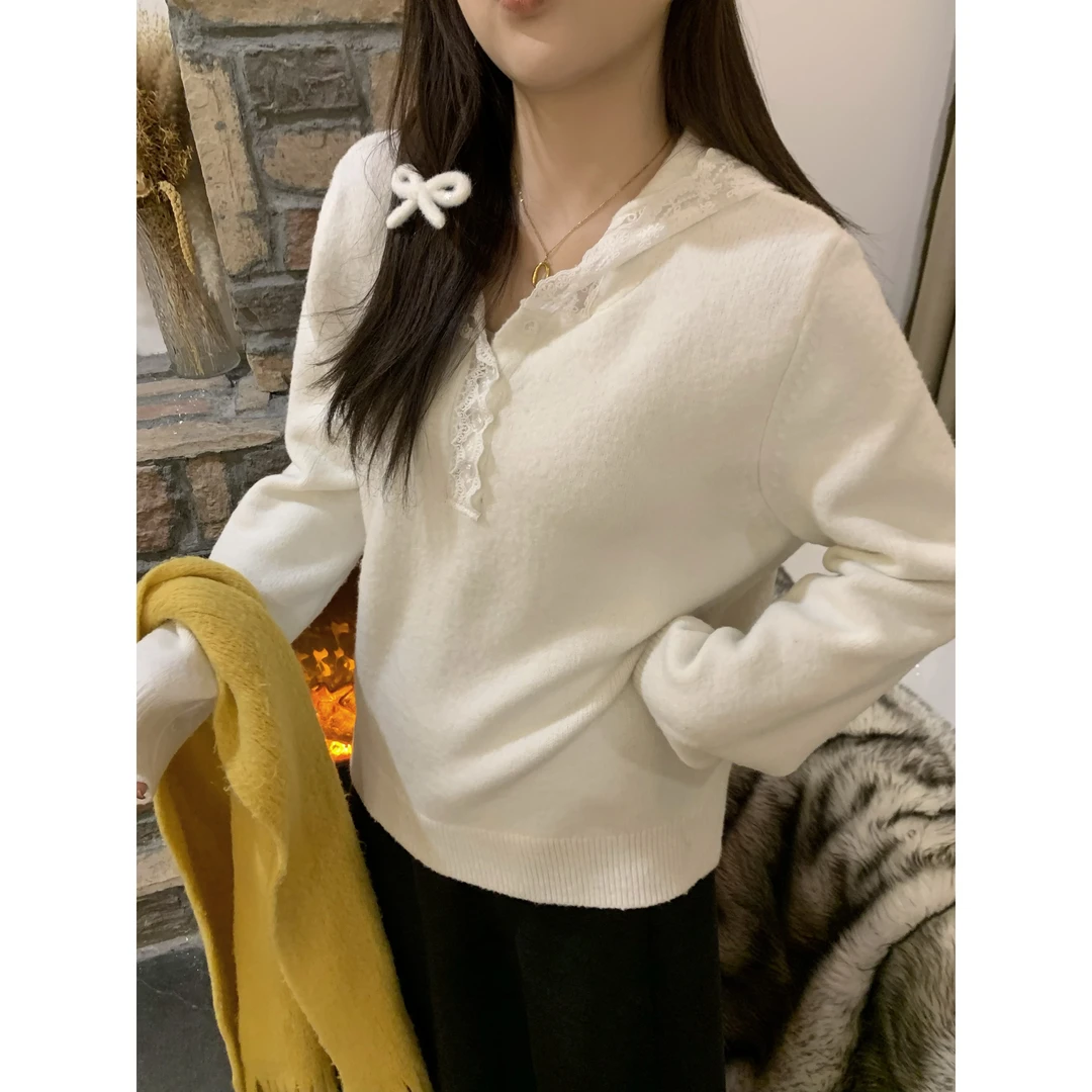 现货折扣7650D大婉酱千千微胖定制蕾丝领长袖连帽打底衫百搭女